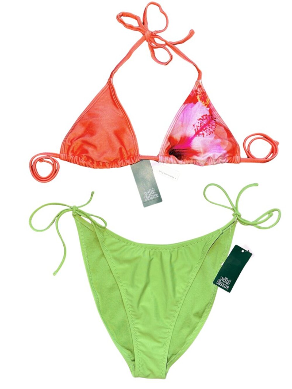 NWT Wild Fable Coral Pink Hibiscus Tropical Print Triangle Halter Bikini Top M - Picture 2 of 10